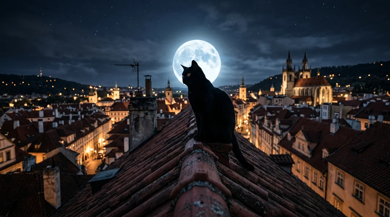 A cat on a rooftop, then a cat on a windowsill — First frame